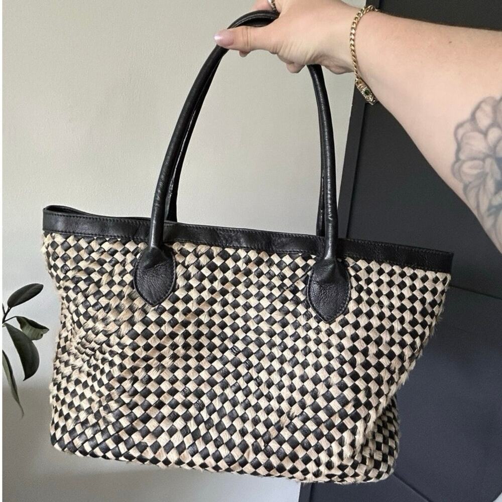 Roberto Pancani Firenze Italy Leather & Pony Hair Handbag Checkered Woven Tote